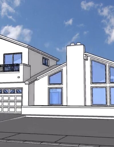 A two-story house with a garage and large windows is shown against a backdrop of a cloudy sky. The design features modern architectural lines and a driveway leading up to the garage.