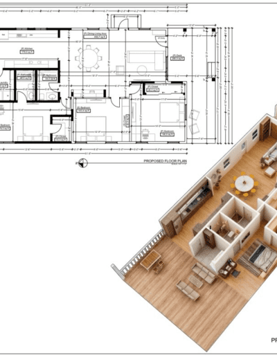 Floor plan with overhead view showing a 3D model of a house interior, including bedrooms, kitchen, living area, and bathrooms.