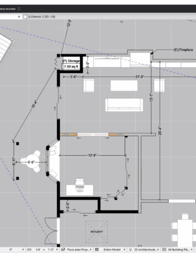 A digital architectural floor plan displayed on a computer screen, with a virtual meeting showing three participants in video call panels on the left.